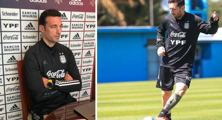 Lionel Scaloni, DT de Selección Argentina, y Lionel Messi, fútbol, NA	