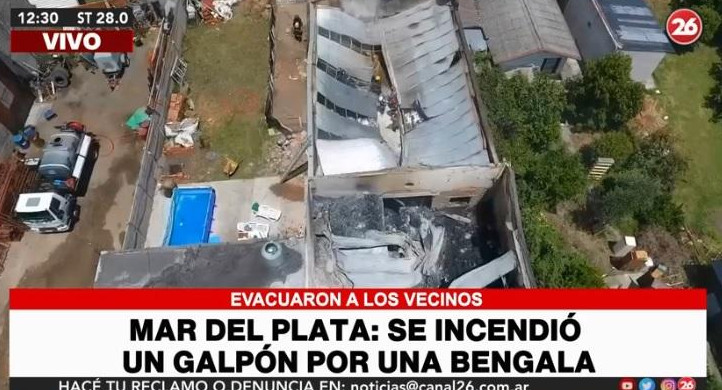 Voraz incendio en un depósito de Mar del Plata por una bengala, CANAL 26