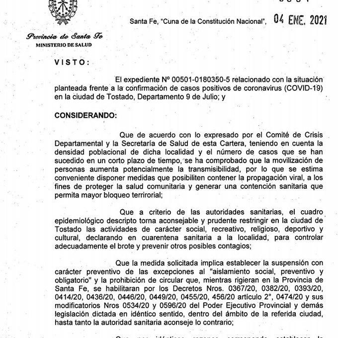 Coronavirus en Argentina, Santa Fe, Tostado