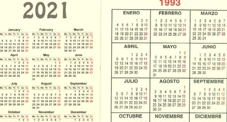 ¿Lo sabías? El calendario de 2021 es exactamente igual al de 1993