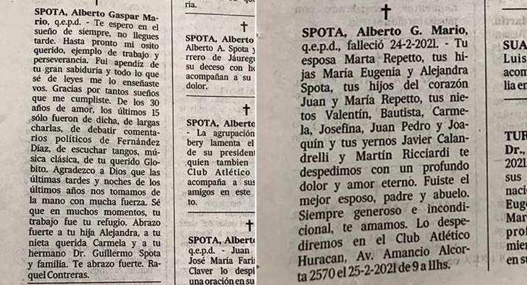 Mario Spota, aviso fúnebre