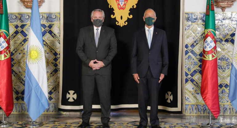 Alberto Fernández fue recibido por el presidente de Portugal en el inicio de su gira por Europa, foto Presidencia	