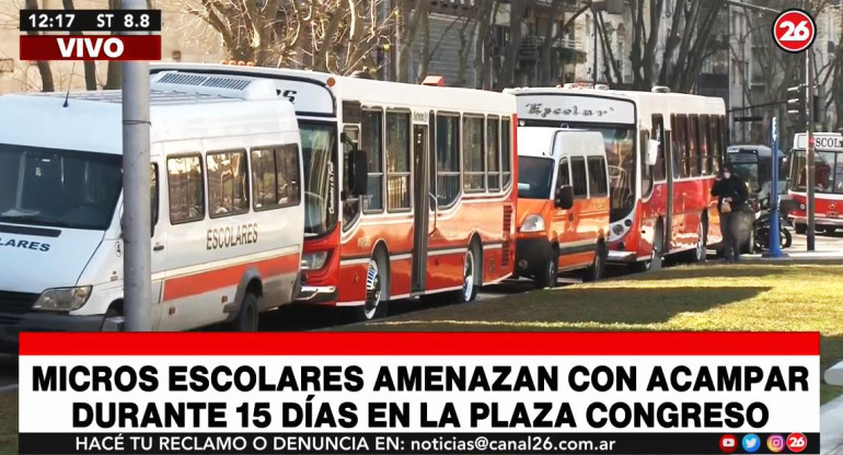 Protesta de choferes de micros escolares en el Congreso, Canal 26