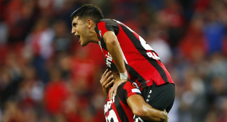 Festejo de Exequiel Palacios para el Bayer Leverkusen por la Europa League, REUTERS