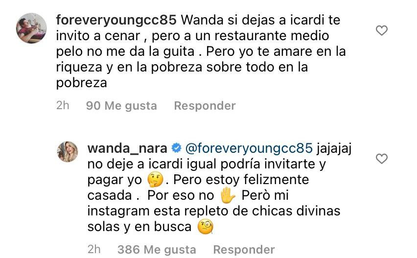 Comentario de Wanda Nara en Instagram, foto NA
