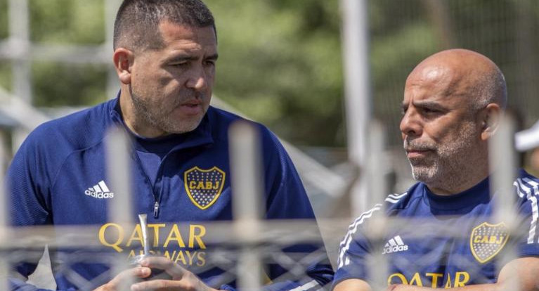 Juan Román Riquelme y Chicho Serna, Boca. Foto: NA.