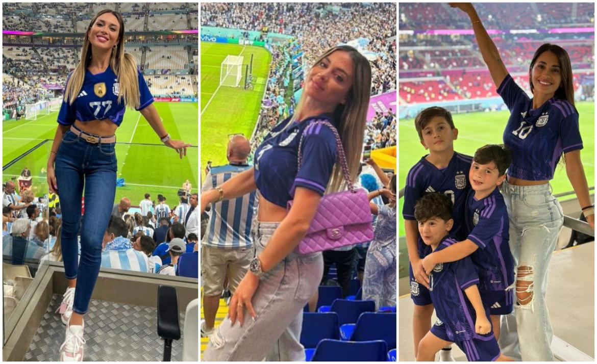 La remera azul: ¿cábala?. Fotos: Instagram/carocalvagni/agus.gandolfo/antonelaroccuzzo