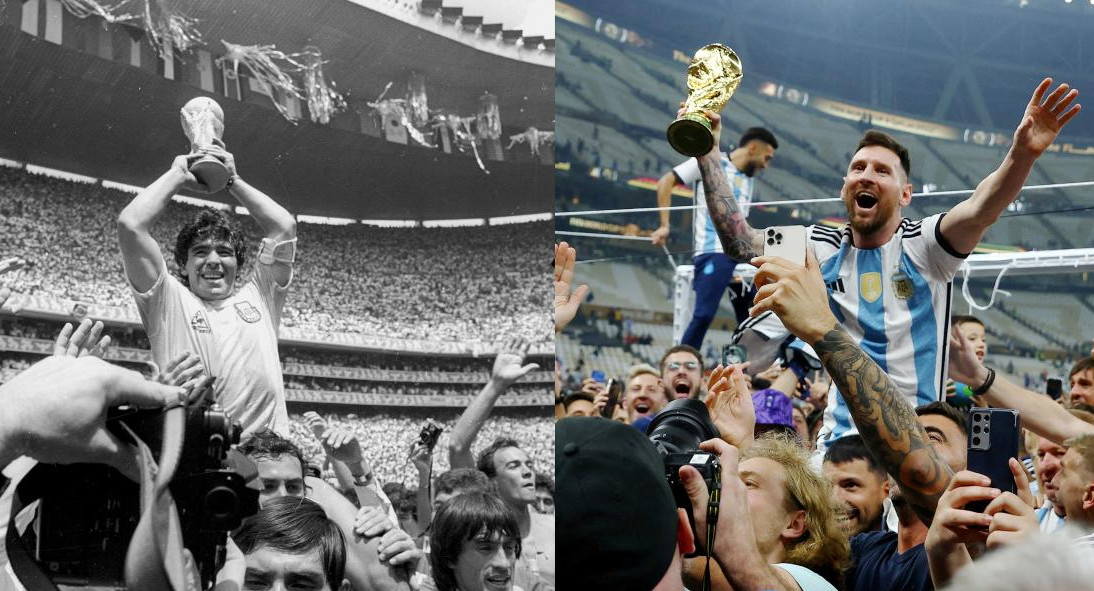 Diego Maradona y Lionel Messi con la Copa del Mundo. Foto: REUTERS.