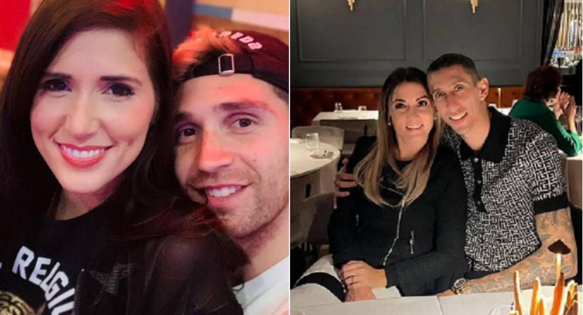 Dibu Martínez y Ángel Di María junto a sus parejas. Fotos: Instagram.