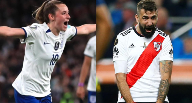 Un gol de Inglaterra en la Finalissima recordó al tanto de Pratto en la final histórica de Madrid. Fotos: Reuters y Los Primeros.