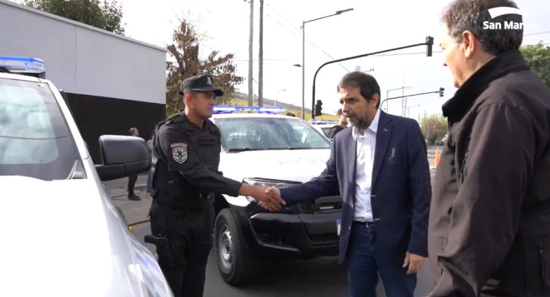 Fernando Moreira en la presentación de nuevos policías en San Martín. Foto: Captura de video.