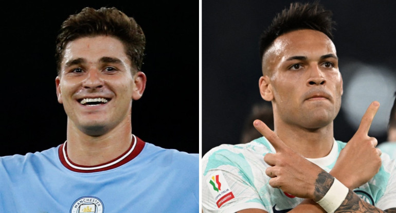 Julián Álvarez vs. Lautaro Martínez en la final de la Champions League. Foto: NA.