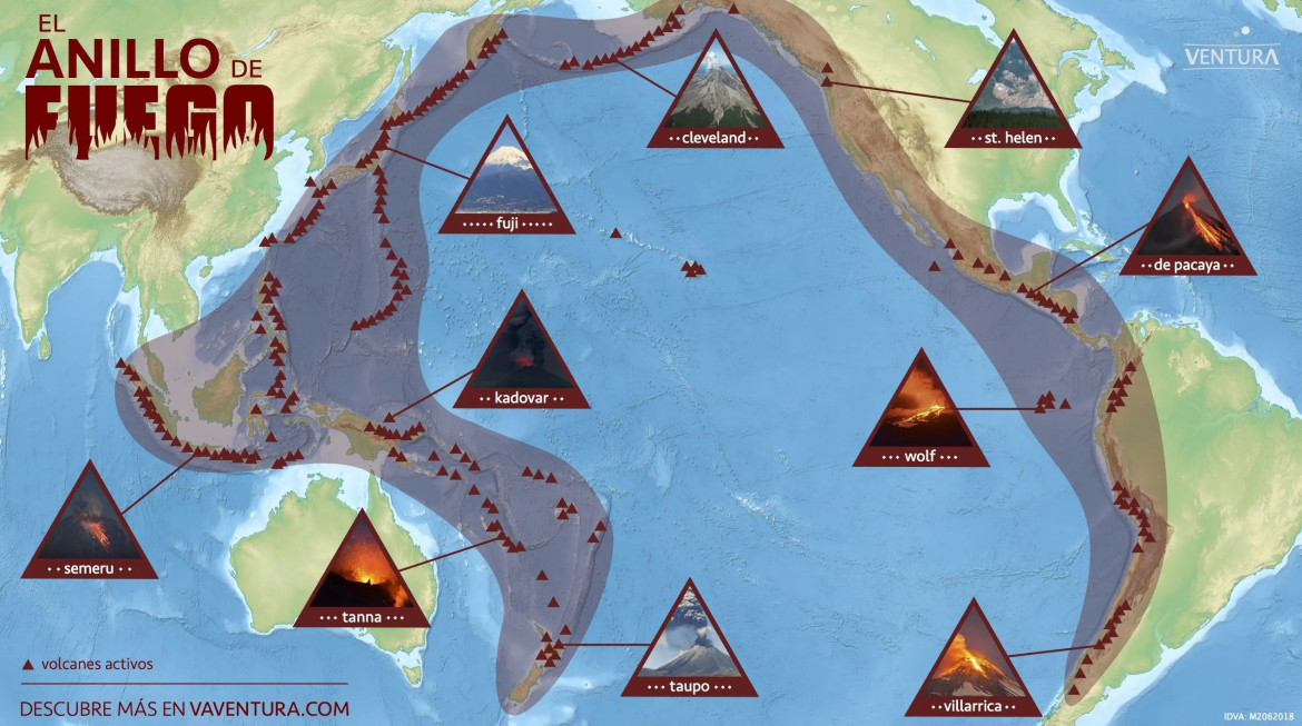 Mapa de los volcanes que rodean al Anillo de Fuego. Foto: Vaventura.