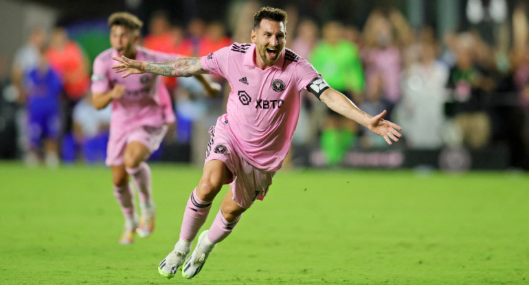 El festejo del primer gol de Lionel Messi con la camiseta de Inter Miami. Foto: Reuters.