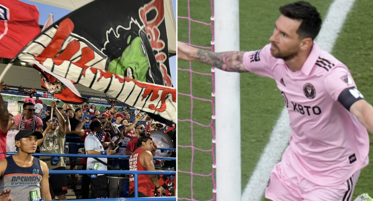 Hinchada del Dallas y Lionel Messi. Fotos: Twitter/ElMatadorFCD - Reuters.