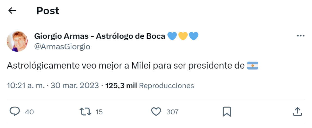 La predicción sobre Milei. Foto: Twitter.