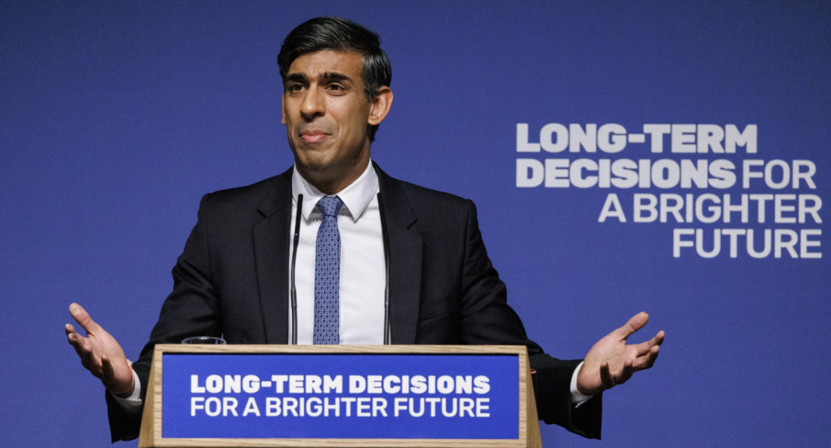 El primer Ministro británico Rishi Sunak durante su discurso sobre Inteligencia Artificial (IA). Foto: EFE.