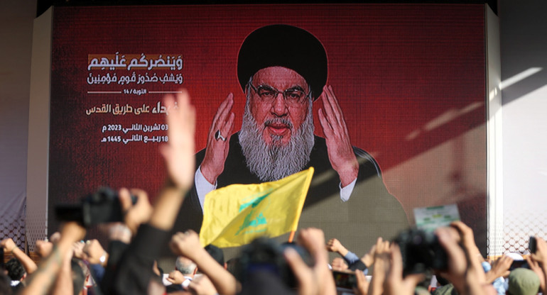 El líder del grupo libanés Hezbollah, Hasán Nasrala, durante su discurso. Foto: Reuters.