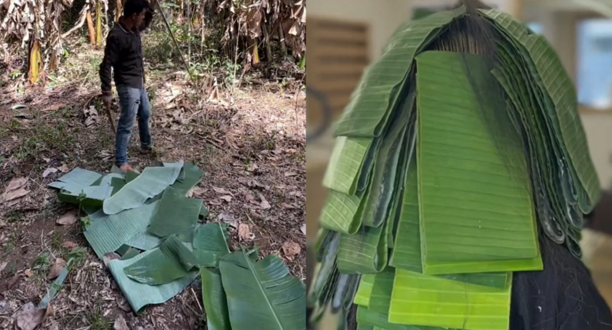 Utiliza hojas de plátano para decorar el cabello. Fotos: captura TikTok.