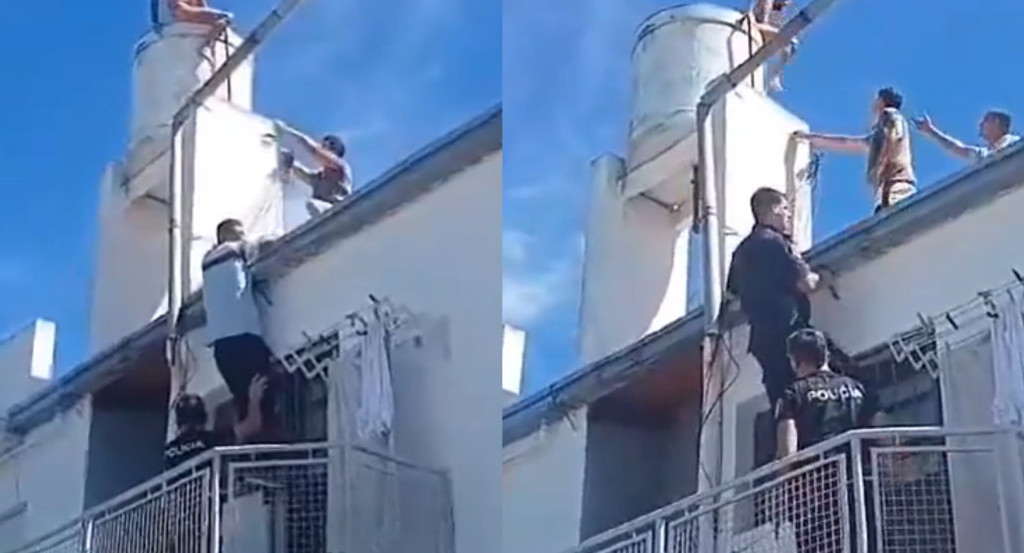 Un hombre tuvo que ser rescatado tras subirse a un tanque de agua. Foto: captura video.