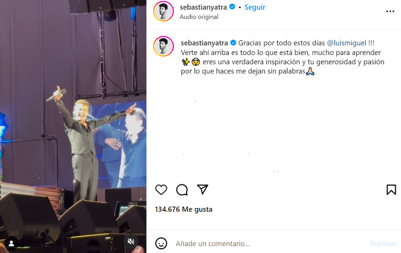 La dedicatoria de Sebastián Yatra a Luis Miguel. Foto: Instagram.