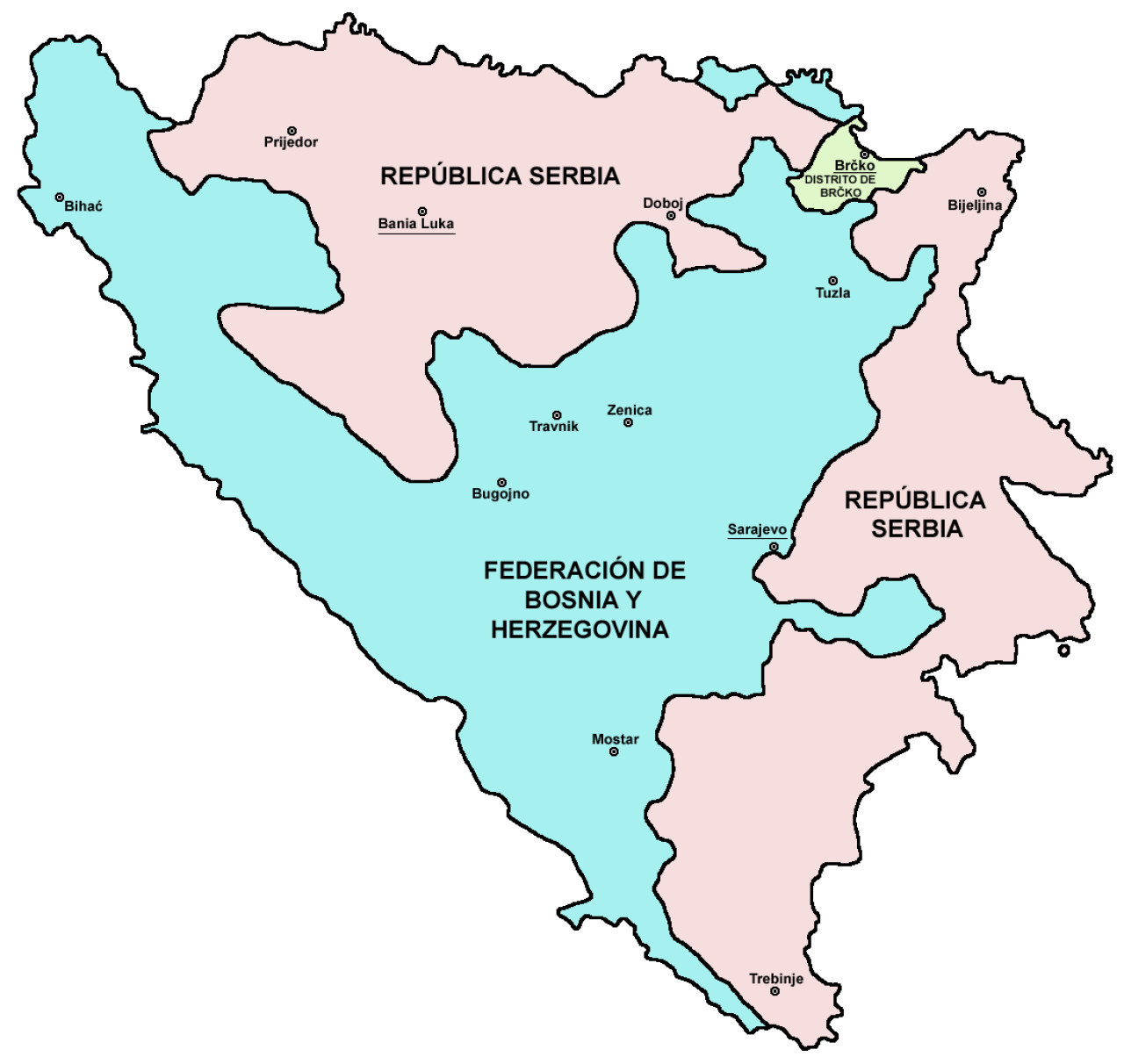 Dos entidades: la Federación de Bosnia y Herzegovina (azul) y la República Srpska (rosa). Foto: Wikipedia