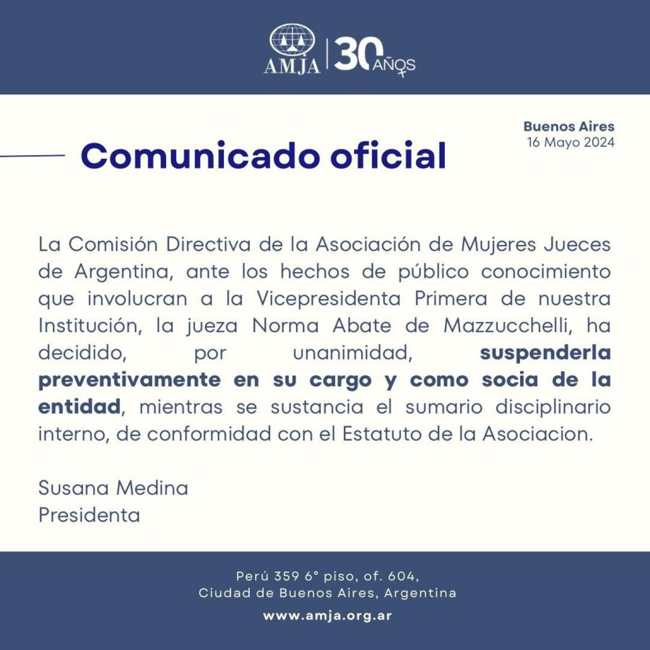 Comunicado de la Asociación de Mujeres Juezas de Argentina sobre la jueza Norma Abate de Mazzucchelli