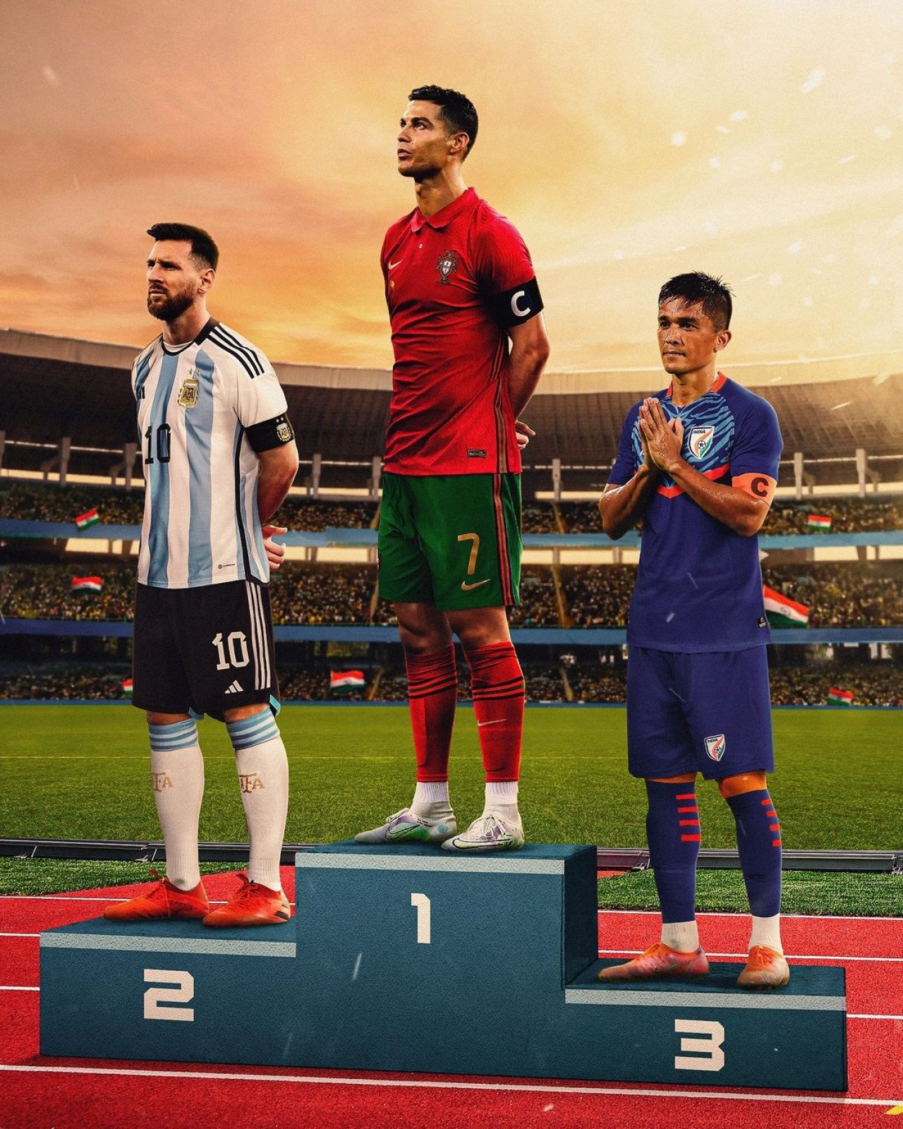 Messi, Cristiano Ronaldo y Sunil Chhetri. Foto: Instagram @fifaworldcup.