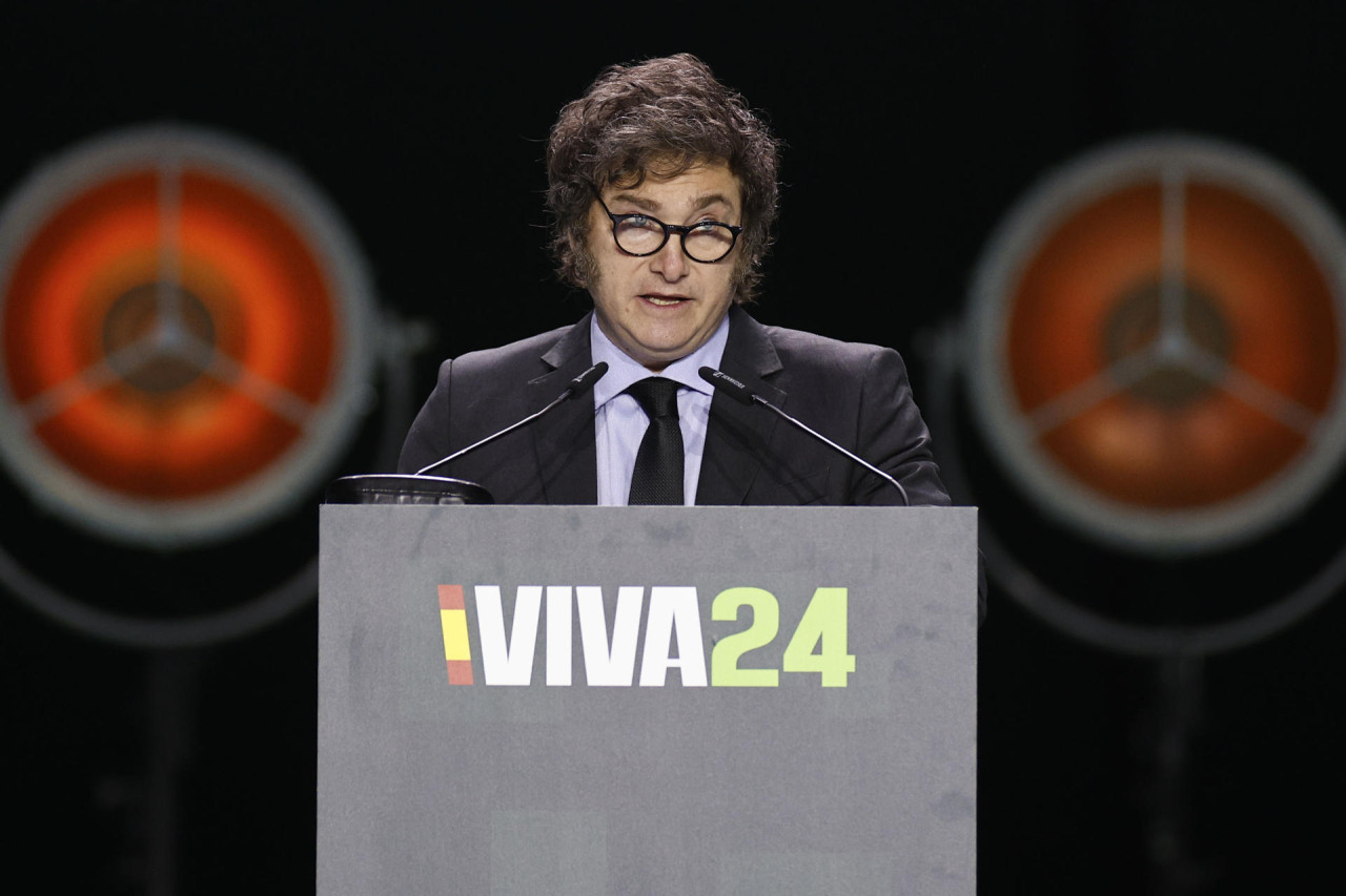 Javier Milei en su discurso en Europa Viva 2024, evento organizado por Vox. Foto: EFE.