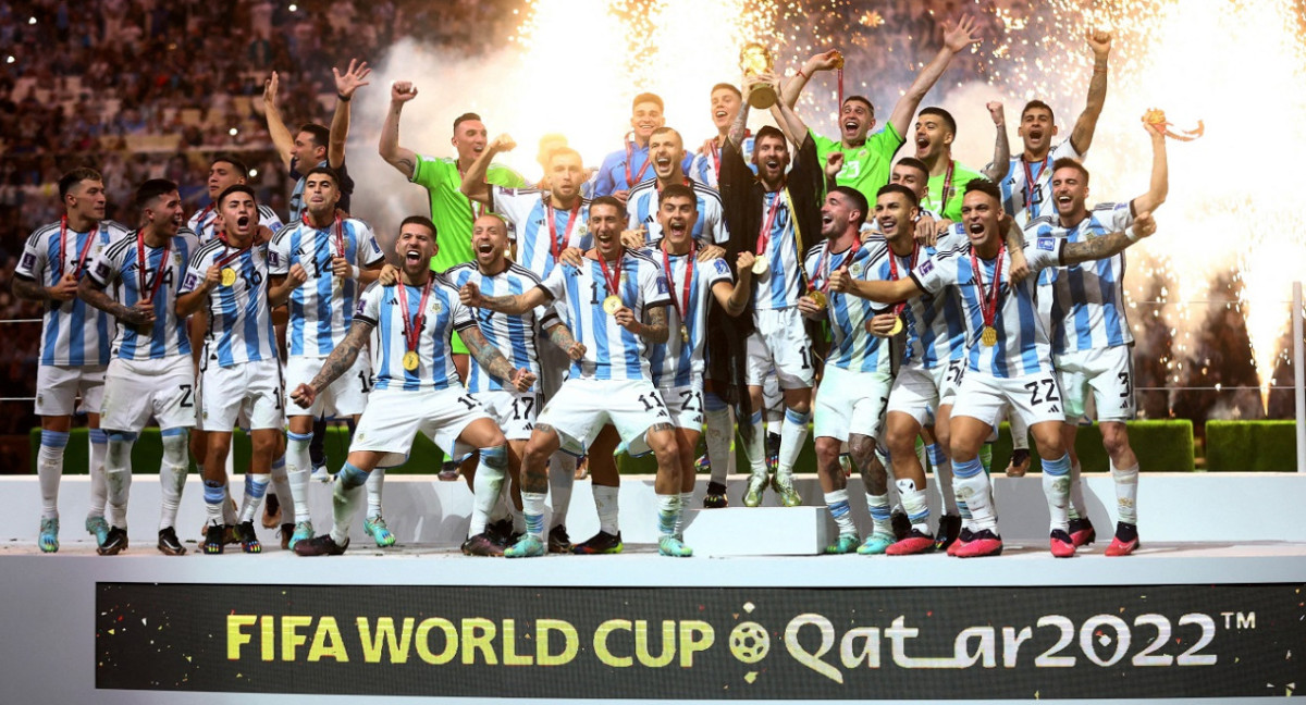 El plantel de la Selección Argentina, campeón en Qatar 2022. Foto: NA.