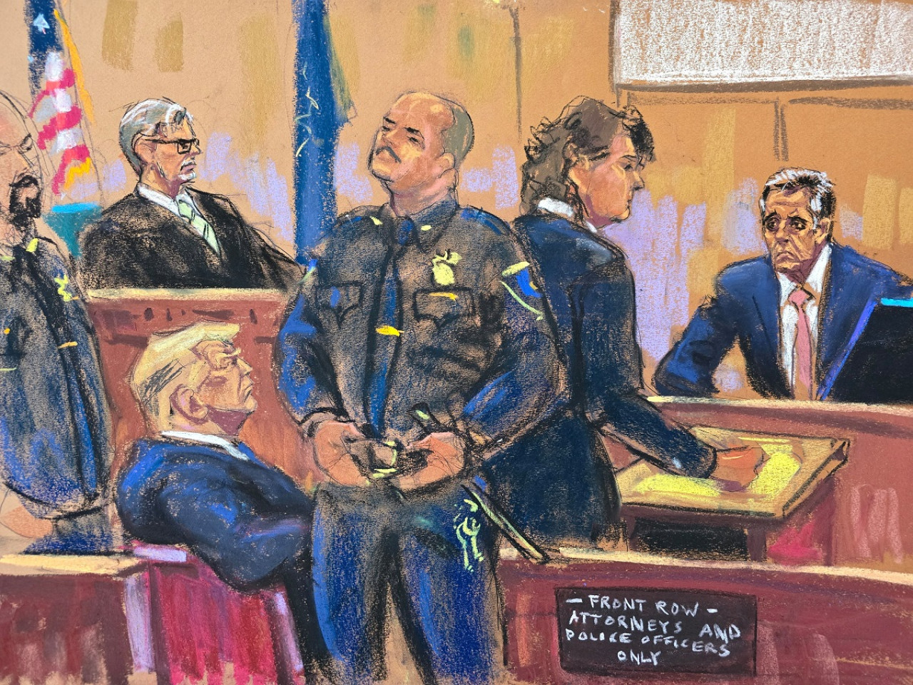 Representación del juicio entre Donald Trump y su exabogado Michael Cohen. Foto: Reuters.