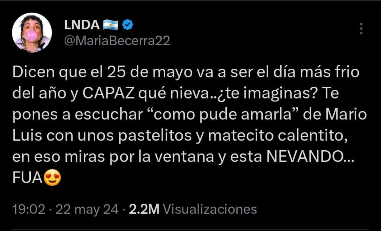Comentario de María Becerra sobre el 25 de mayo. Foto: X / @MariaBecerra22.