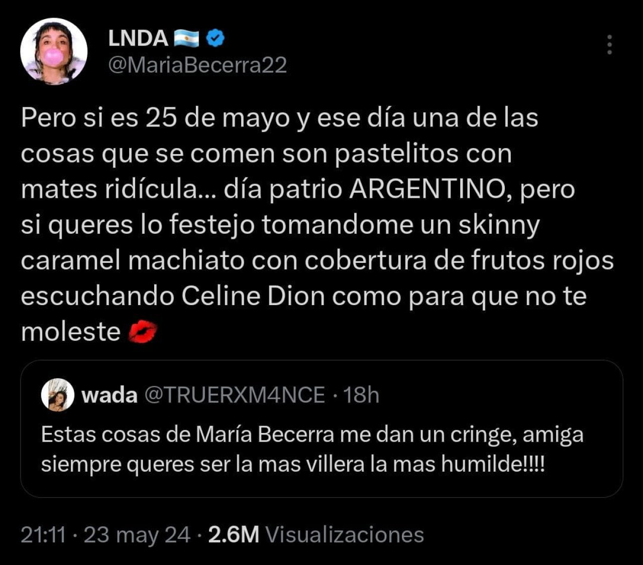 Respuesta de María Becerra a una tuitera que criticó su manera de festejar el 25 de mayo. Foto: X / @MariaBecerra22.
