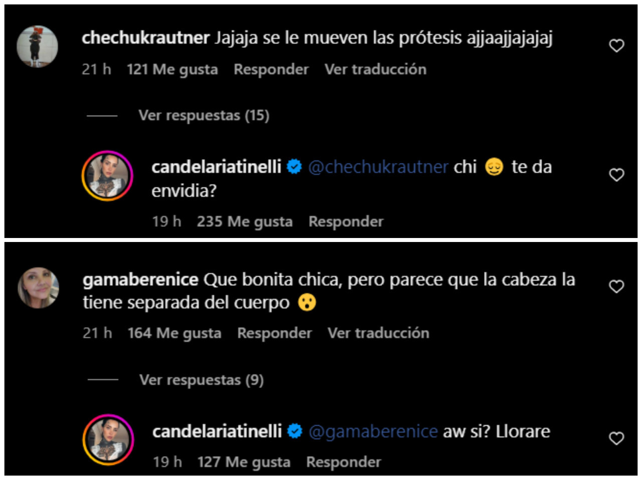 Las respuestas de Cande Tinelli ante las críticas en su video.