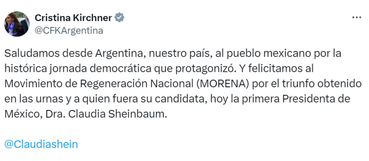 El saludo de Cristina Kirchner. Foto: X