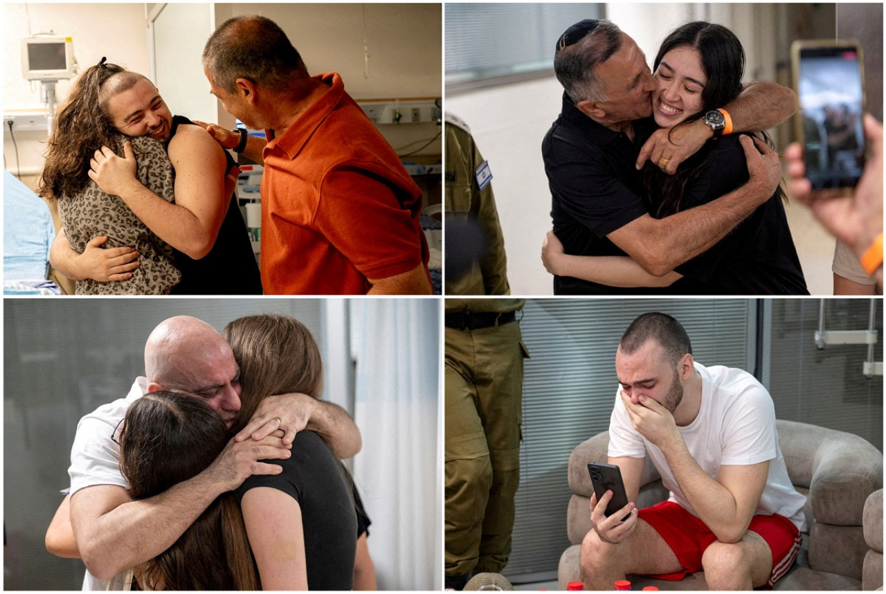 Los cuatro rehenes israelíes rescatados. Foto: Reuters.