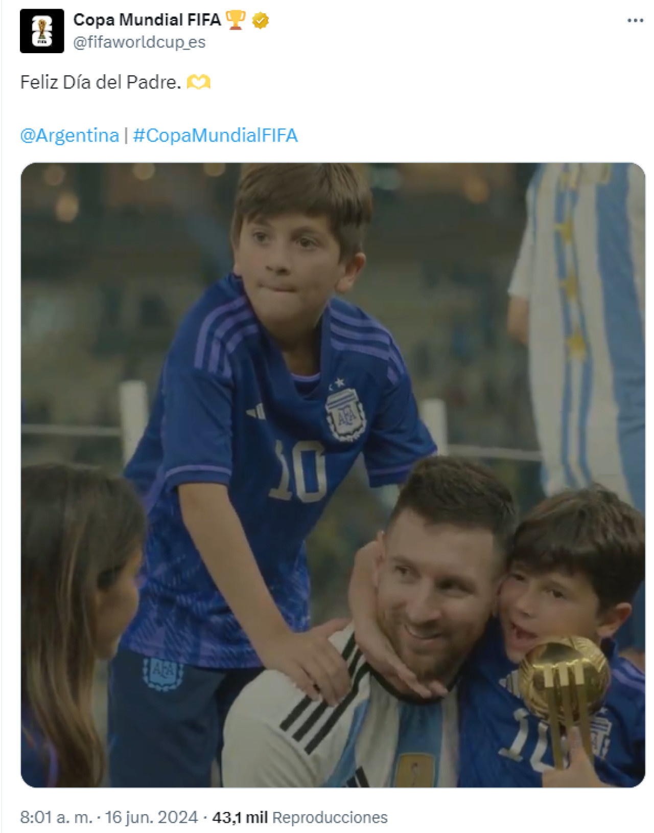 El especial saludo de la FIFA para Messi en el Día del Padre. Foto: X.