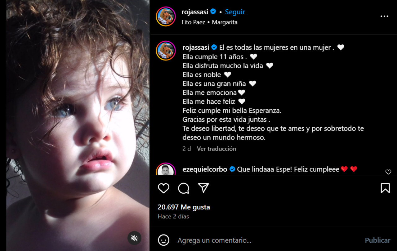 El mensaje de Sabrina Rojas dedicado a su hija.