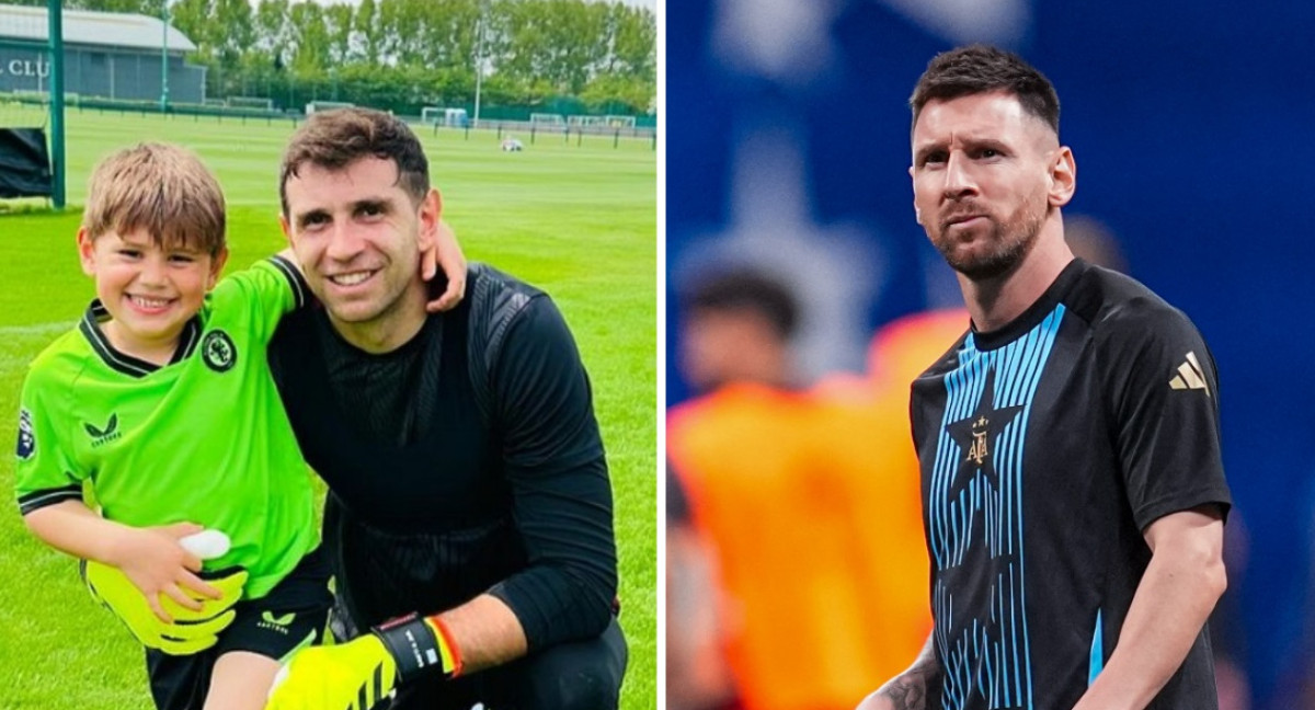 Emiliano "Dibu" Martínez junto a su hijo y Lionel Messi. Foto: Instagram - Reuters.