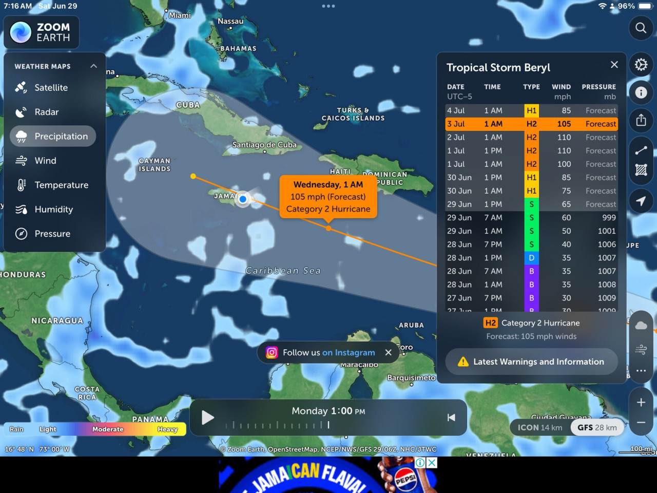 Radar de la situación de la tormenta tropical Beryl. Foto: Twitter.