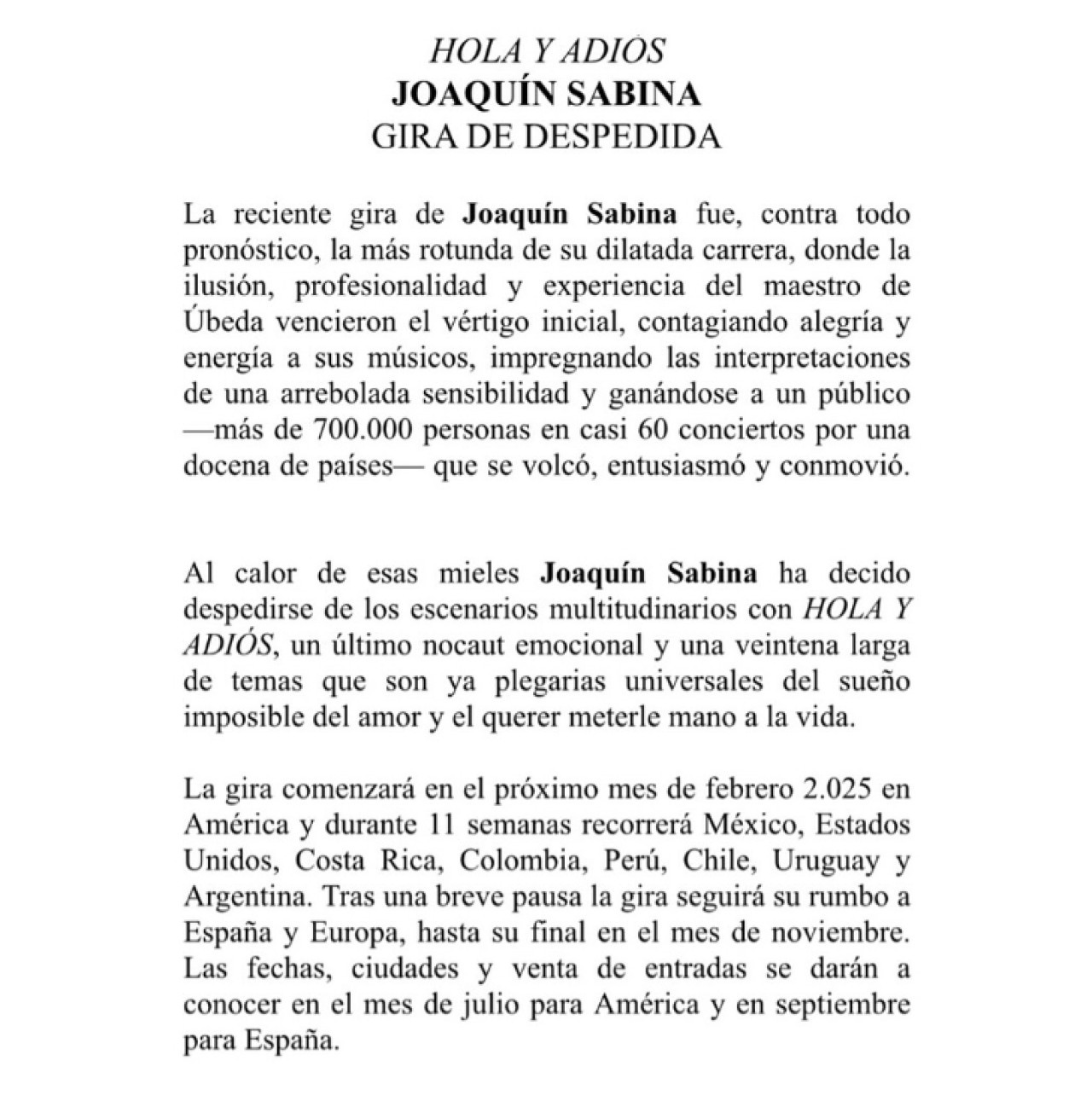 El anuncio de Joaquín Sabina. Foto: Instagram.
