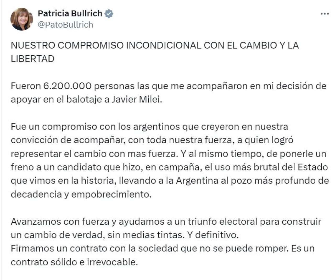 El tuit de Patricia Bullrich a la militancia del PRO. Captura.