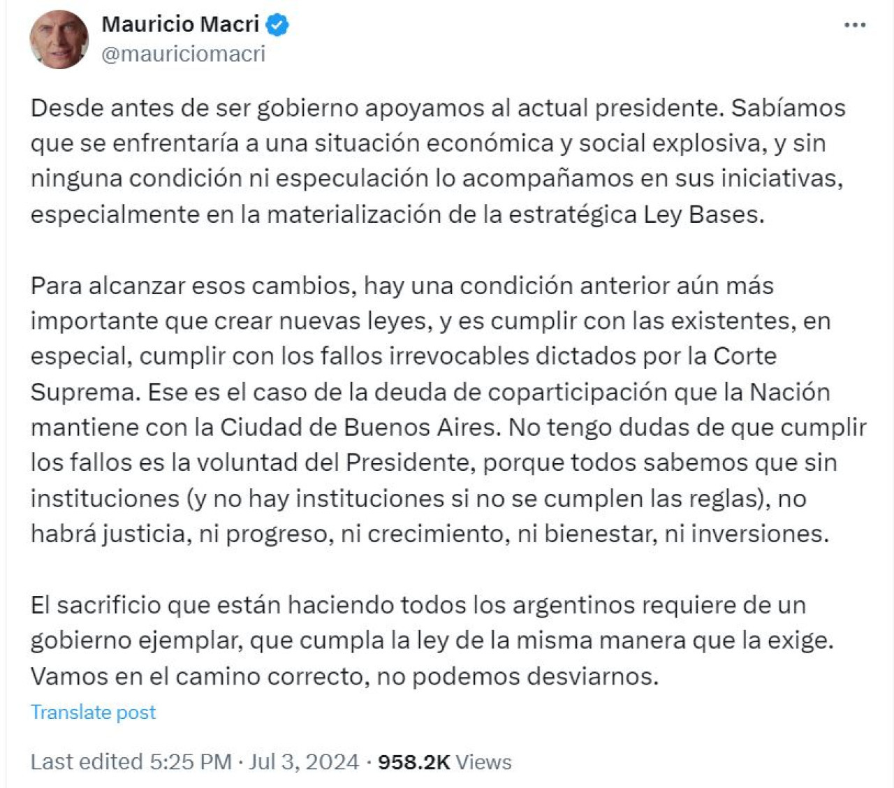 El tuit de Mauricio Macri distanciándose de Milei. Captura.