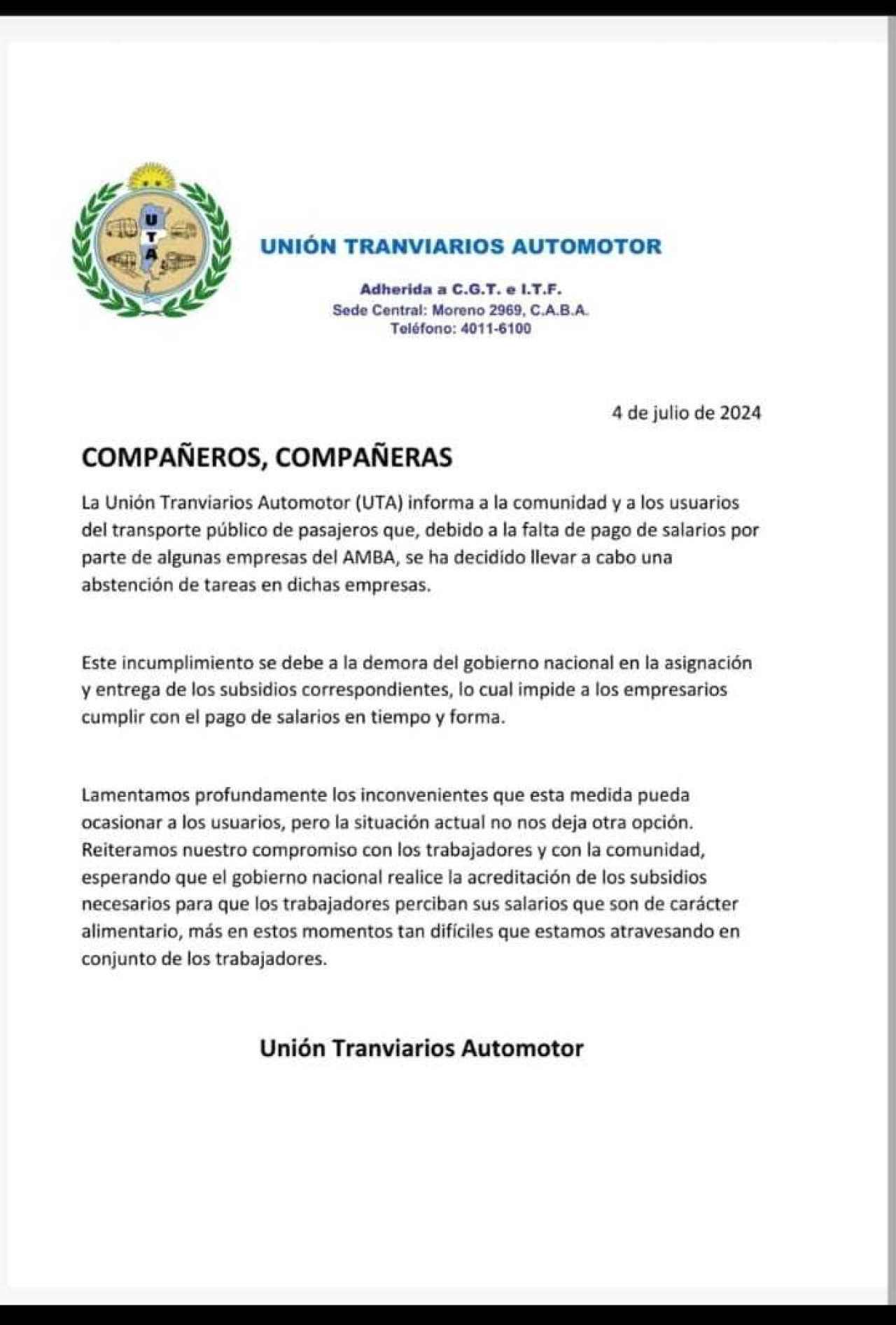 El comunicado de la UTA. Foto: UTA.