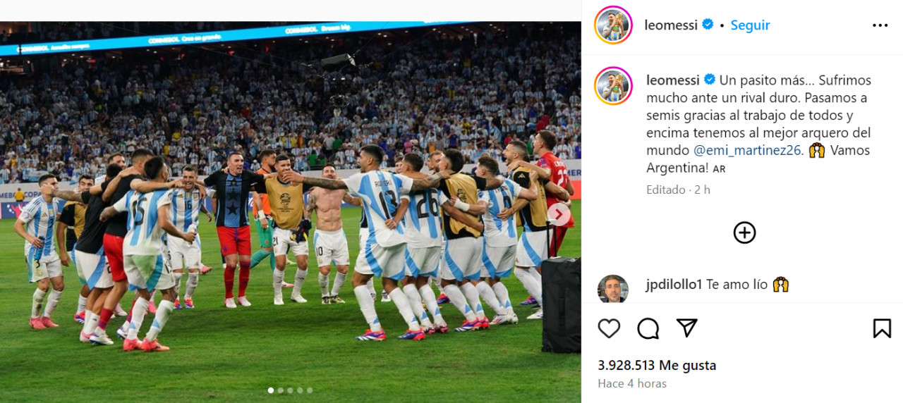 El mensaje de Lionel Messi en Instagram. Foto: captura