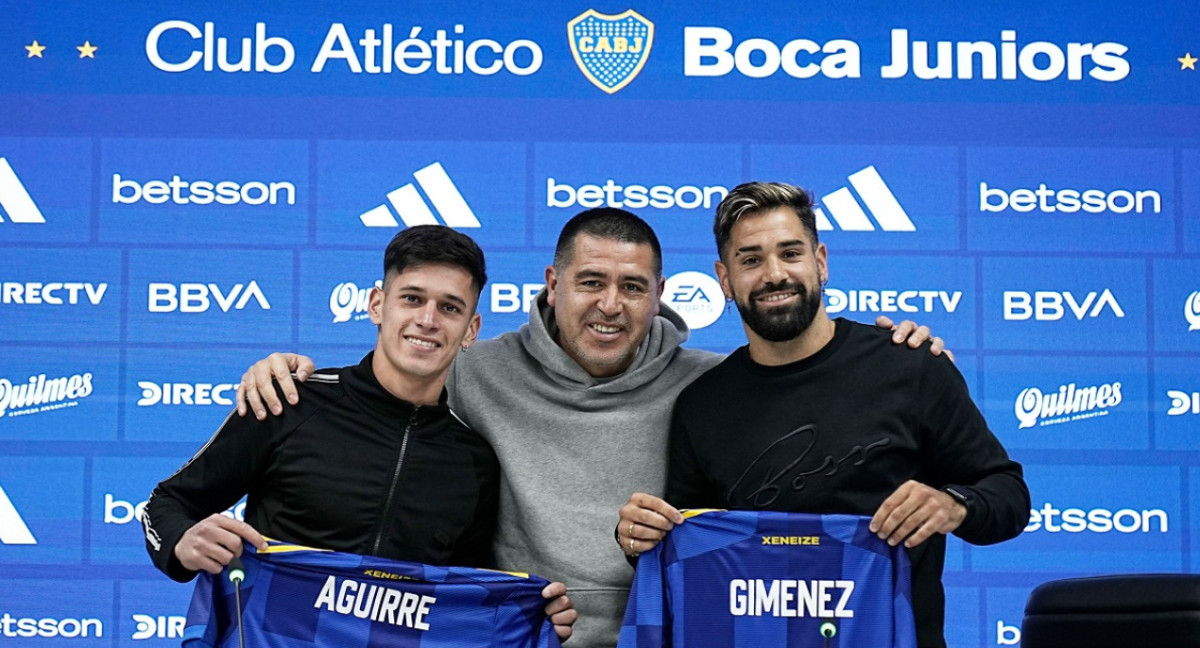 Brian Aguirre; Juan Román Riquelme y Milton Giménez. Foto: X @BocaJrsOficial.