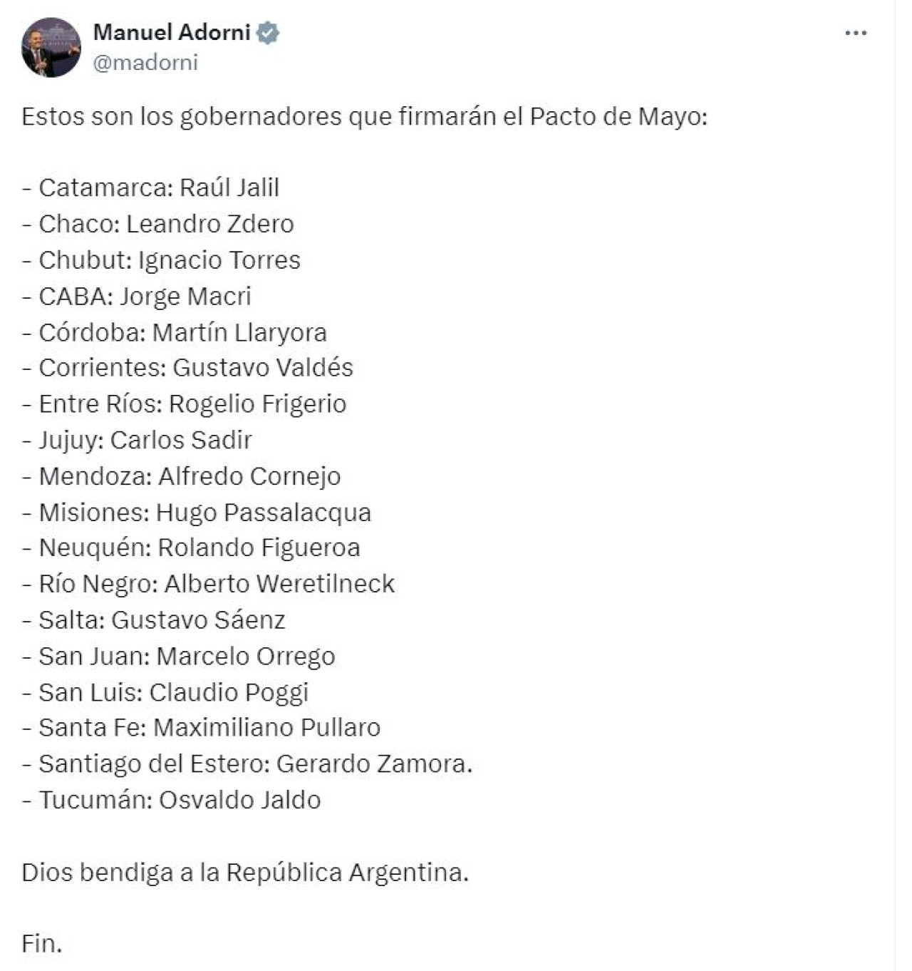 El tuit de Manuel Adorni confirmando los gobernadores que firmarán el Pacto de Mayo.