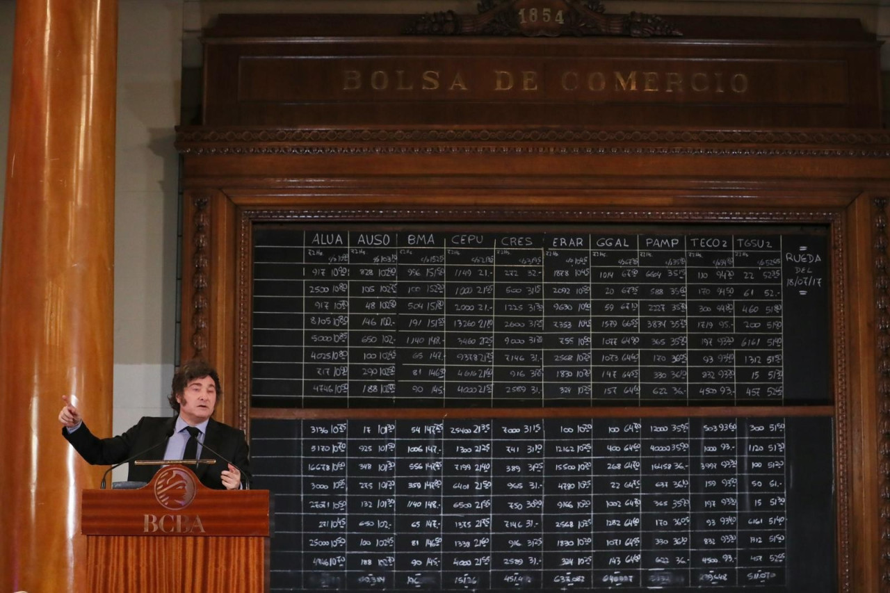 El Presidente Javier Milei en la Bolsa de Comercio. Foto: Presidencia.