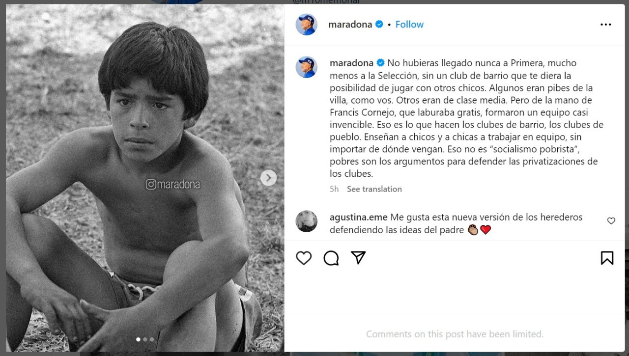 El post de @maradona en Instagram.