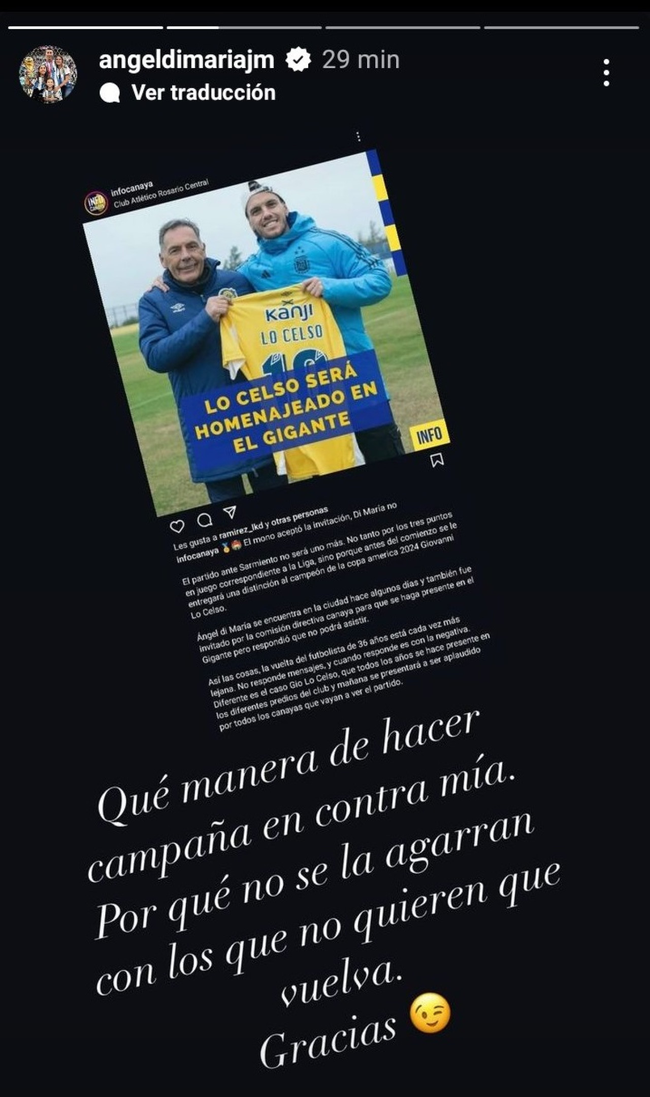 Posteo de Ángel Di María sobre su presencia en Rosario Central. Foto: @angeldimariajm.